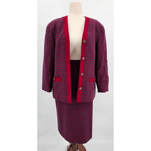 Vtg Pendleton Women's 12 Virgin Wool Red & Blue Houndstooth Jacket & Skirt Set - Picture 1 of 15